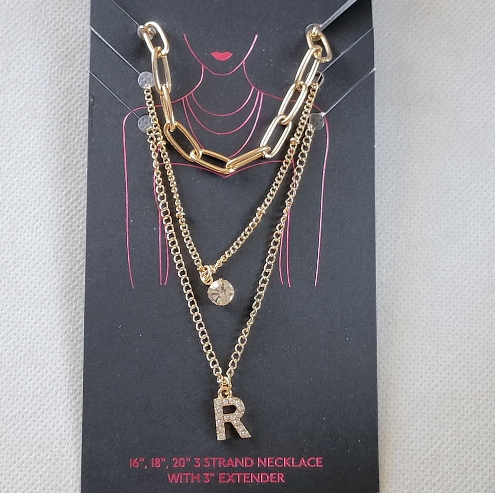 3 Strand Letter R Rhinestone Initial Necklace - Picture 2 of 5